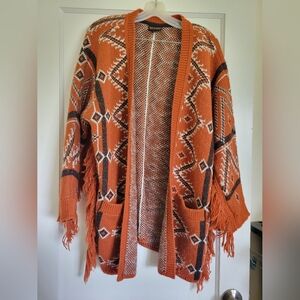 Shyanne Southwestern Open front Brown Aztec Fringe Cardigan Sweater Long Sleeve